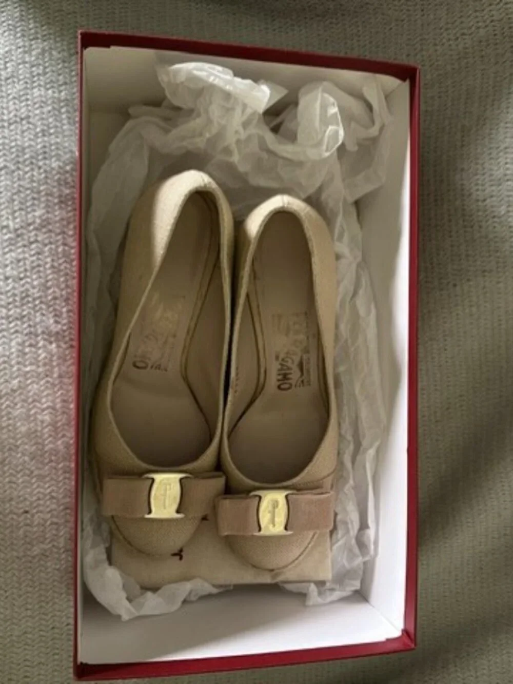 Brand New Women's Size 4B Salvatore Ferragamo Beige Wedge Shoes